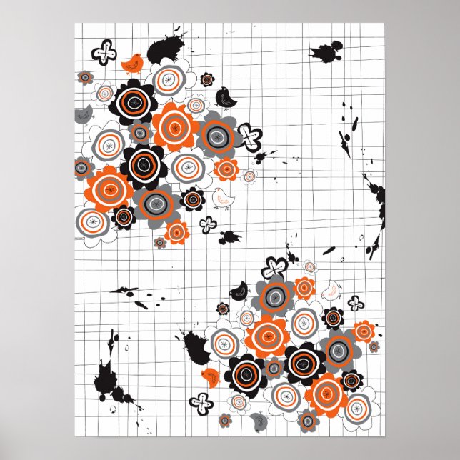 Orange Flowers Chicks Grunge Ink Blots Doodles Kid Poster (Front)