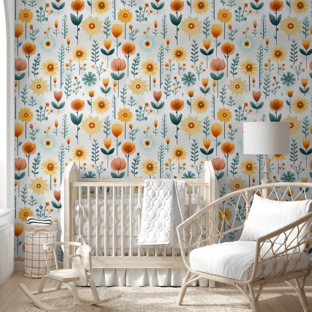 Orange Flowers Colourful Pattern Wallpaper (Kids)