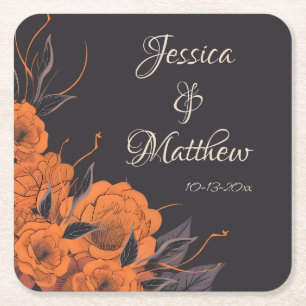 Orange Flowers Elegant Chic date Wedding  Square Paper Coaster