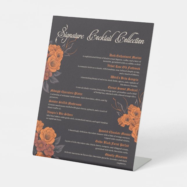 Orange Flowers Elegant Cocktail Menu  Pedestal Sign (Front)