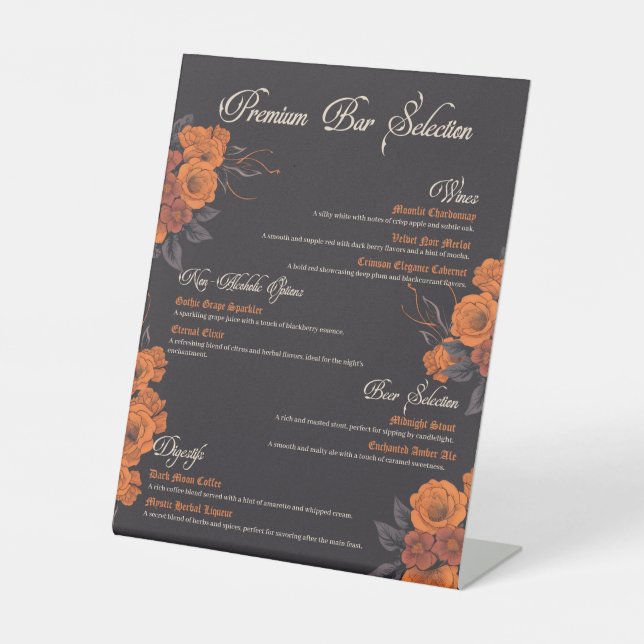 Orange Flowers Elegant drinks Menu  Pedestal Sign (Front)