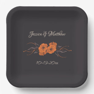 Orange Flowers Elegant Minimalist date Wedding Paper Plate