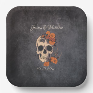 Orange Flowers Elegant Skull Minimalist Wedding Paper Plate