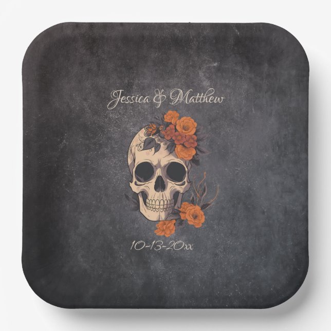 Orange Flowers Elegant Skull Minimalist Wedding  Paper Plate (Front)