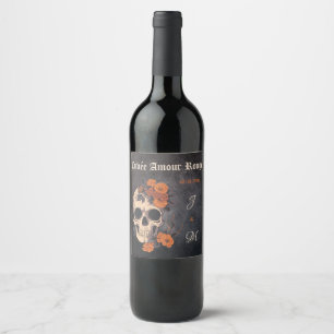 Orange Flowers Elegant  Skull Monogram wedding Wine Label