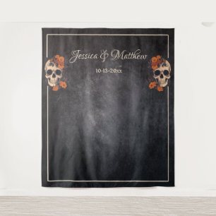 Orange Flowers Elegant Skull Wedding Backdrop Tapestry