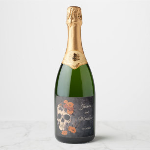 Orange Flowers Elegant  Skull Wedding Sparkling Wine Label