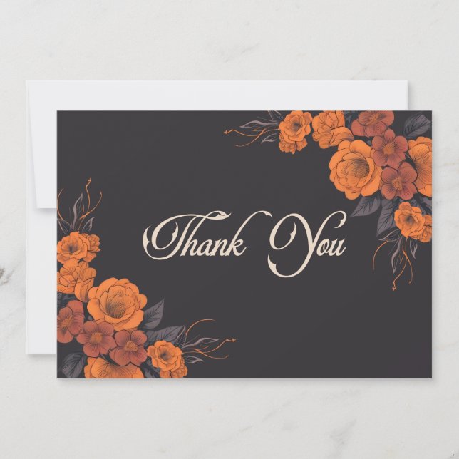 Orange Flowers Elegant  Traditional Wedding Thank You Card (Front)