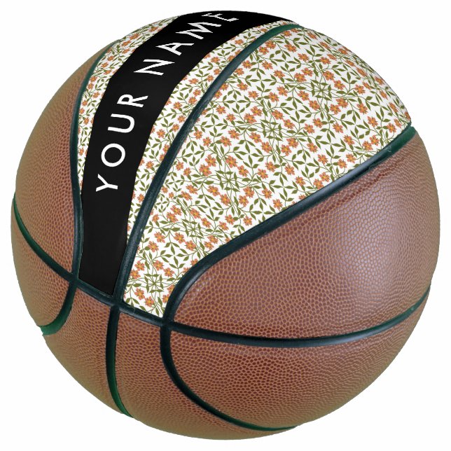 Orange Flowers, Floral Pattern, Boho, Your Name Basketball (Angled)