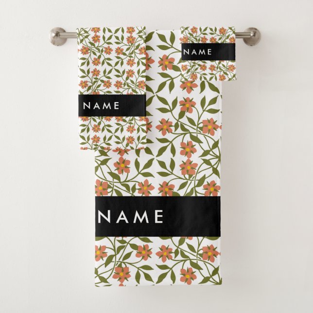 Orange Flowers, Floral Pattern, Boho, Your Name Bath Towel Set (Insitu)
