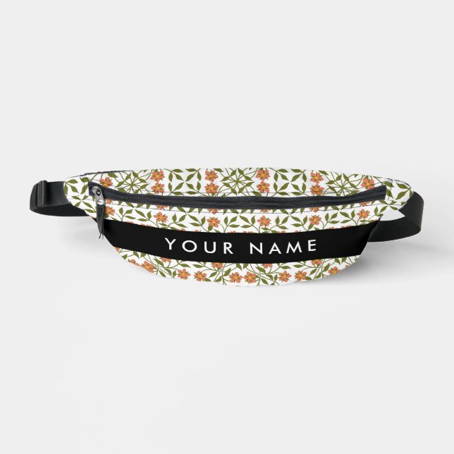 Orange Flowers, Floral Pattern, Boho, Your Name Fanny Pack (Front)