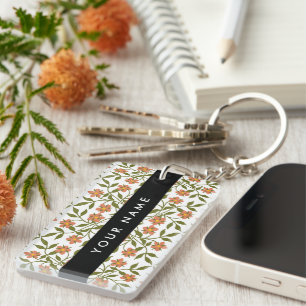 Orange Flowers, Floral Pattern, Boho, Your Name Keychain