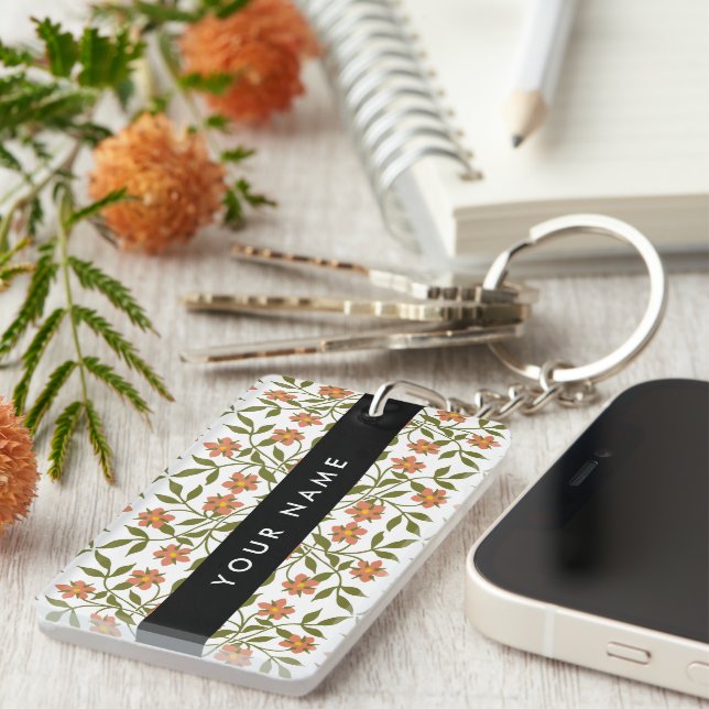 Orange Flowers, Floral Pattern, Boho, Your Name Keychain (Front Right)