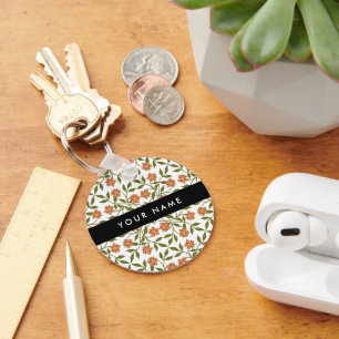 Orange Flowers, Floral Pattern, Boho, Your Name Keychain