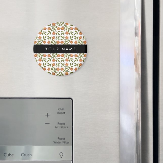 Orange Flowers, Floral Pattern, Boho, Your Name Magnet (In Situ (Fridge))