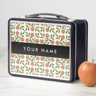 Orange Flowers, Floral Pattern, Boho, Your Name Metal Lunch Box