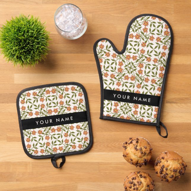 Orange Flowers, Floral Pattern, Boho, Your Name Oven Mitt & Pot Holder Set (Top Down)
