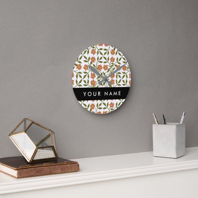 Orange Flowers, Floral Pattern, Boho, Your Name Round Clock (Office)