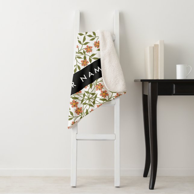 Orange Flowers, Floral Pattern, Boho, Your Name Sherpa Blanket (In Situ)