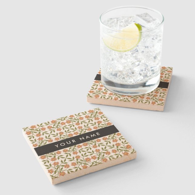 Orange Flowers, Floral Pattern, Boho, Your Name Stone Coaster (Side)