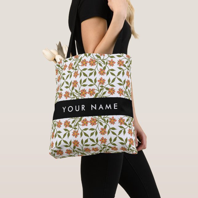 Orange Flowers, Floral Pattern, Boho, Your Name Tote Bag (Close Up)