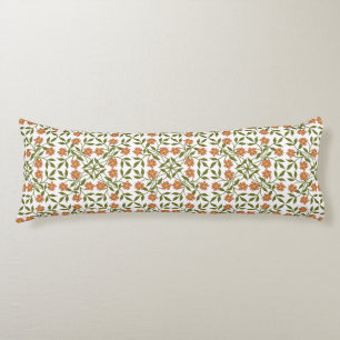 Orange Flowers, Floral Pattern, Greenery, Boho Body Pillow