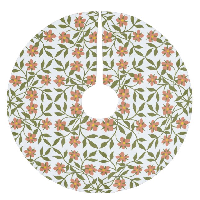 Orange Flowers, Floral Pattern, Greenery, Boho Brushed Polyester Tree Skirt (Front)