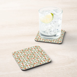 Orange Flowers, Floral Pattern, Greenery, Boho Coaster