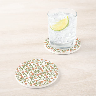 Orange Flowers, Floral Pattern, Greenery, Boho Coaster