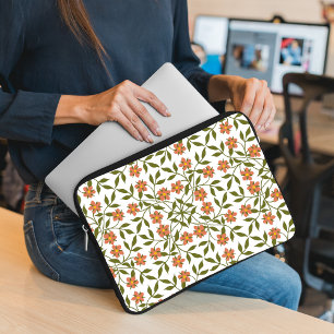 Orange Flowers, Floral Pattern, Greenery, Boho Laptop Sleeve