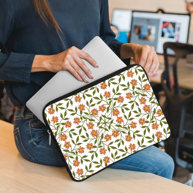 Orange Flowers, Floral Pattern, Greenery, Boho Laptop Sleeve (Creator Uploaded)