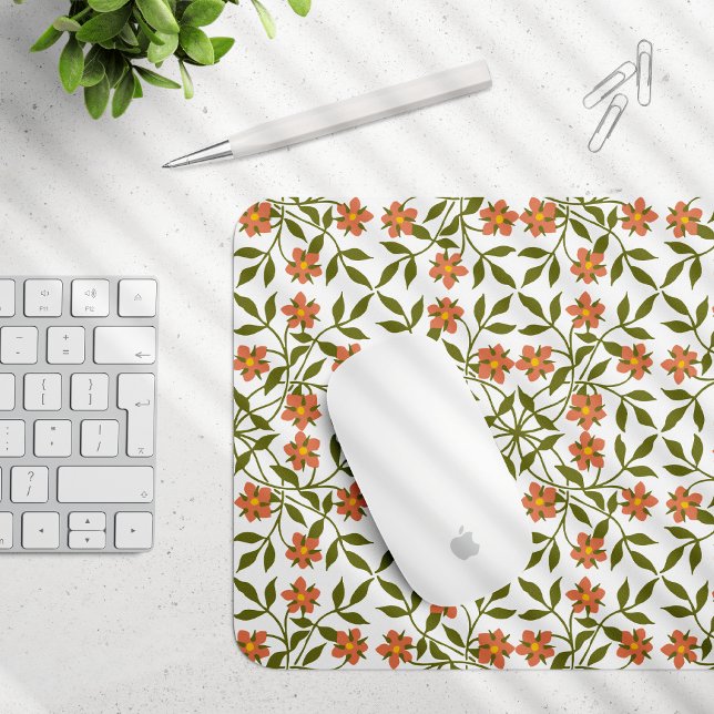 Orange Flowers, Floral Pattern, Greenery, Boho Mouse Pad (Creator Uploaded)