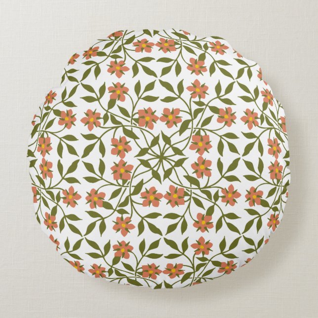 Orange Flowers, Floral Pattern, Greenery, Boho Round Pillow (Front)