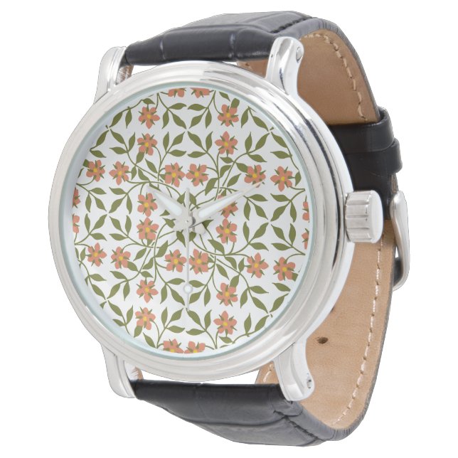 Orange Flowers, Floral Pattern, Greenery, Boho Watch (Angled)
