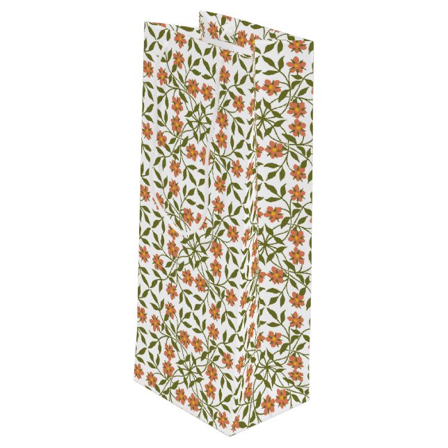 Orange Flowers, Floral Pattern, Greenery, Boho Wine Gift Bag (Back Angled)