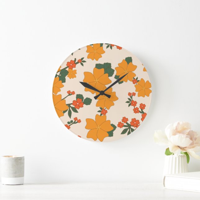 Orange Flowers, Floral Pattern, Pattern Of Flowers Large Clock (Home)