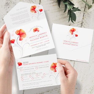 Orange flowers grey swirl watercolor all in one in invitation