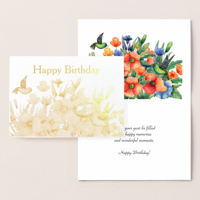 Orange Flowers Hummingbird Birthday Gold Foil Card (Display)
