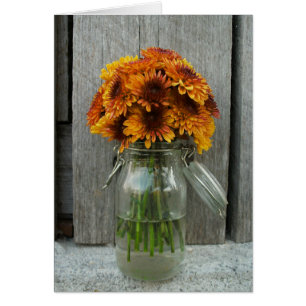 Orange Flowers In Mason Jar & Barn Wood Card