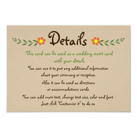 Orange flowers kraft wedding details insert card