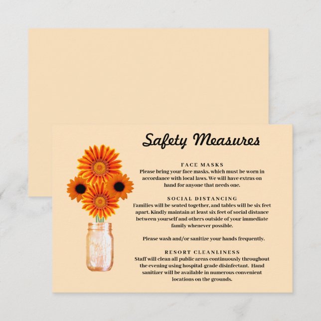 Orange Flowers Mason Jar Safety Measures Enclosure Card (Front/Back)