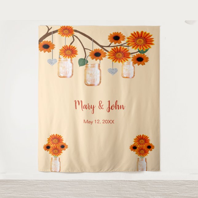 Orange Flowers Mason Jars Photo Backdrop Tapestry (Front)