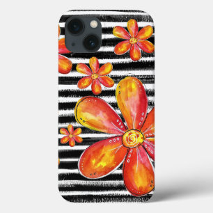 Orange Flowers on Black Stripes iPhone 13 Case