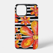 Orange Flowers on Black Stripes