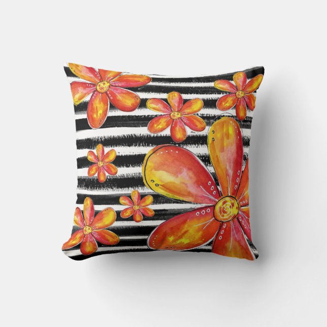 Orange Flowers on Black Stripes Throw Pillow (Front)