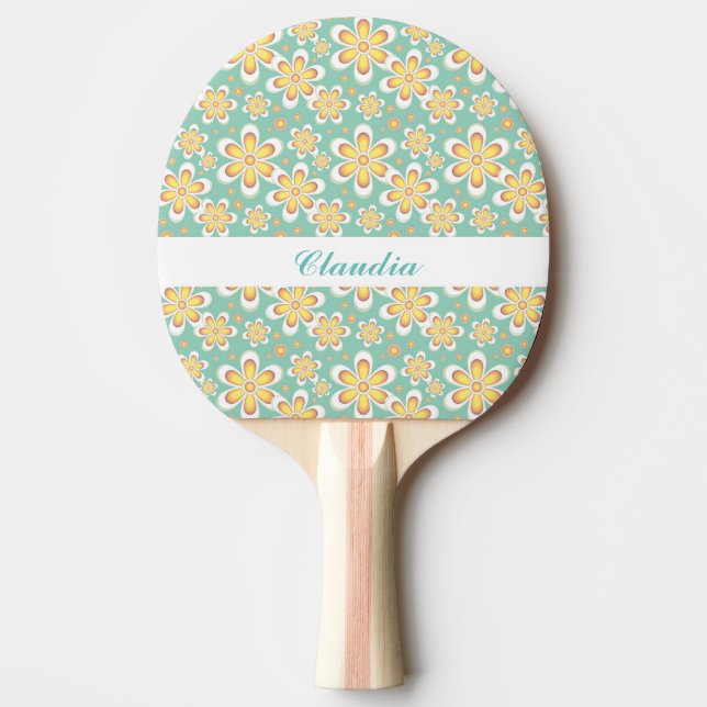 Orange flowers on green ping pong paddle (Front)