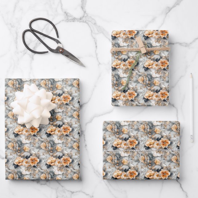 Orange Flowers on Grey Marble Wrapping Paper Sheet (Front)