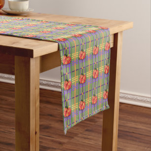 Orange Flowers on Moss Green Plaid Table Runner