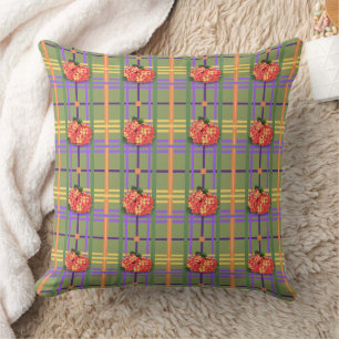 Orange Flowers on Moss Green Plaid Throw Pillow