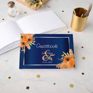 Orange Flowers on Navy Blue Guest Book